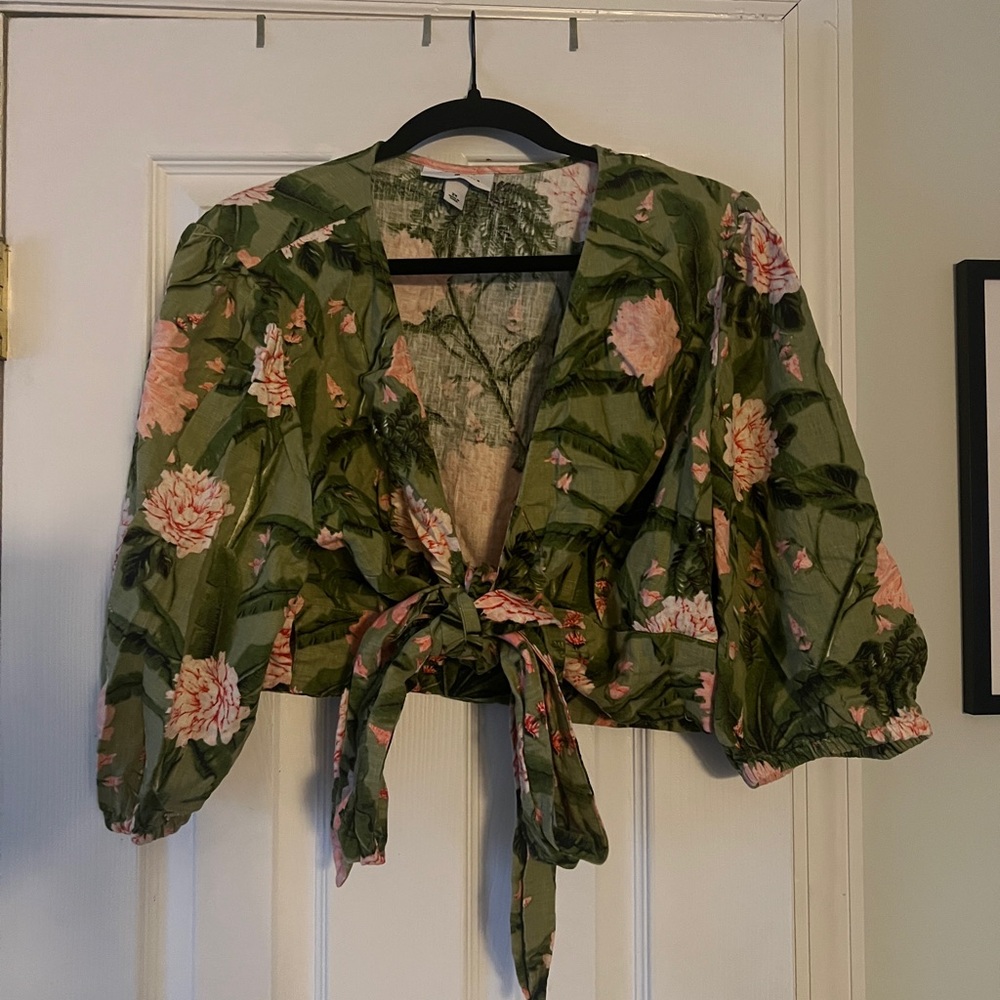 Agua Bendita Green Floral Tie-Front Blouse Vacation Top